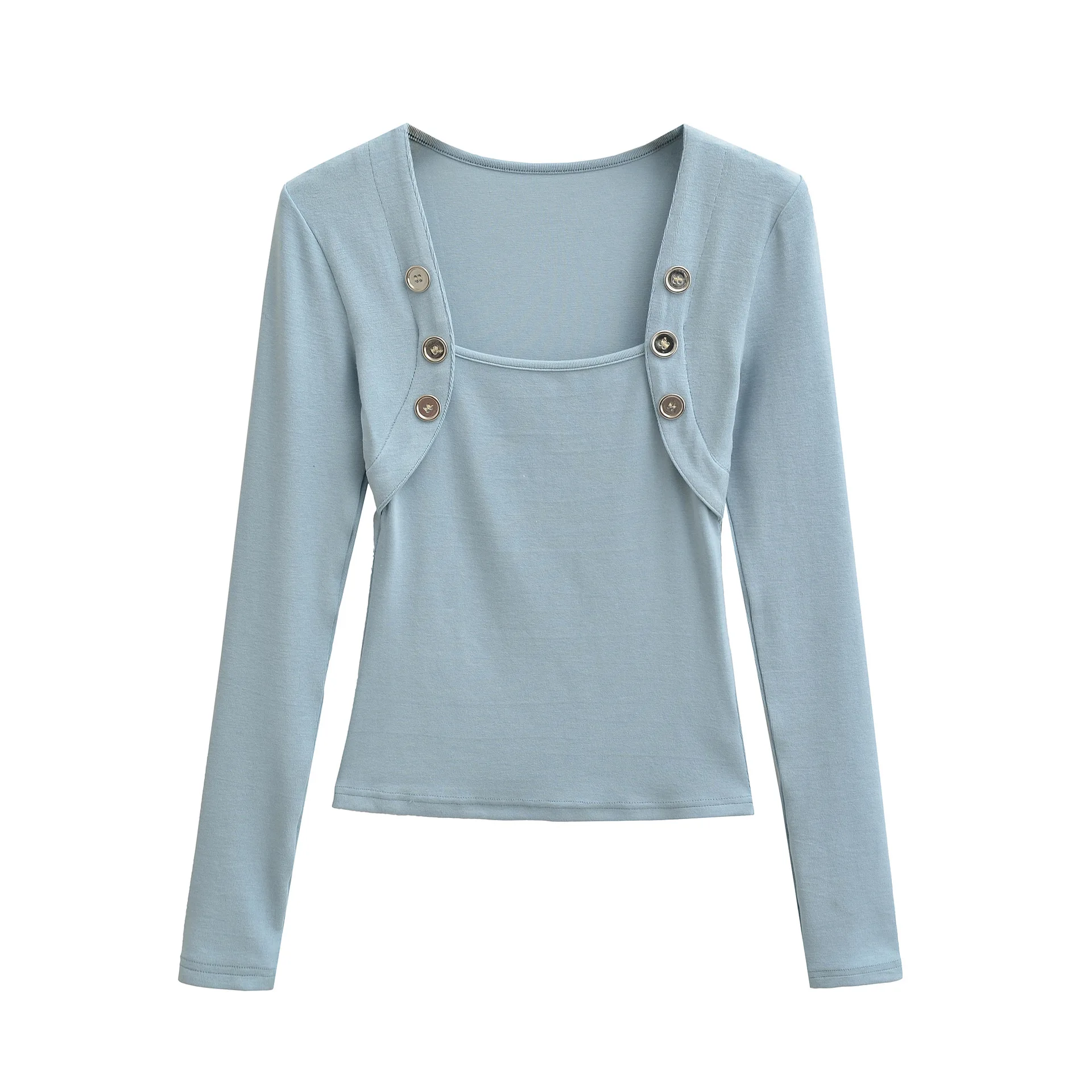 Purely desirable sweet and spicy girl slim-fit base shirt for women unique and beautiful square-neck metal buckle long-sleeve IX