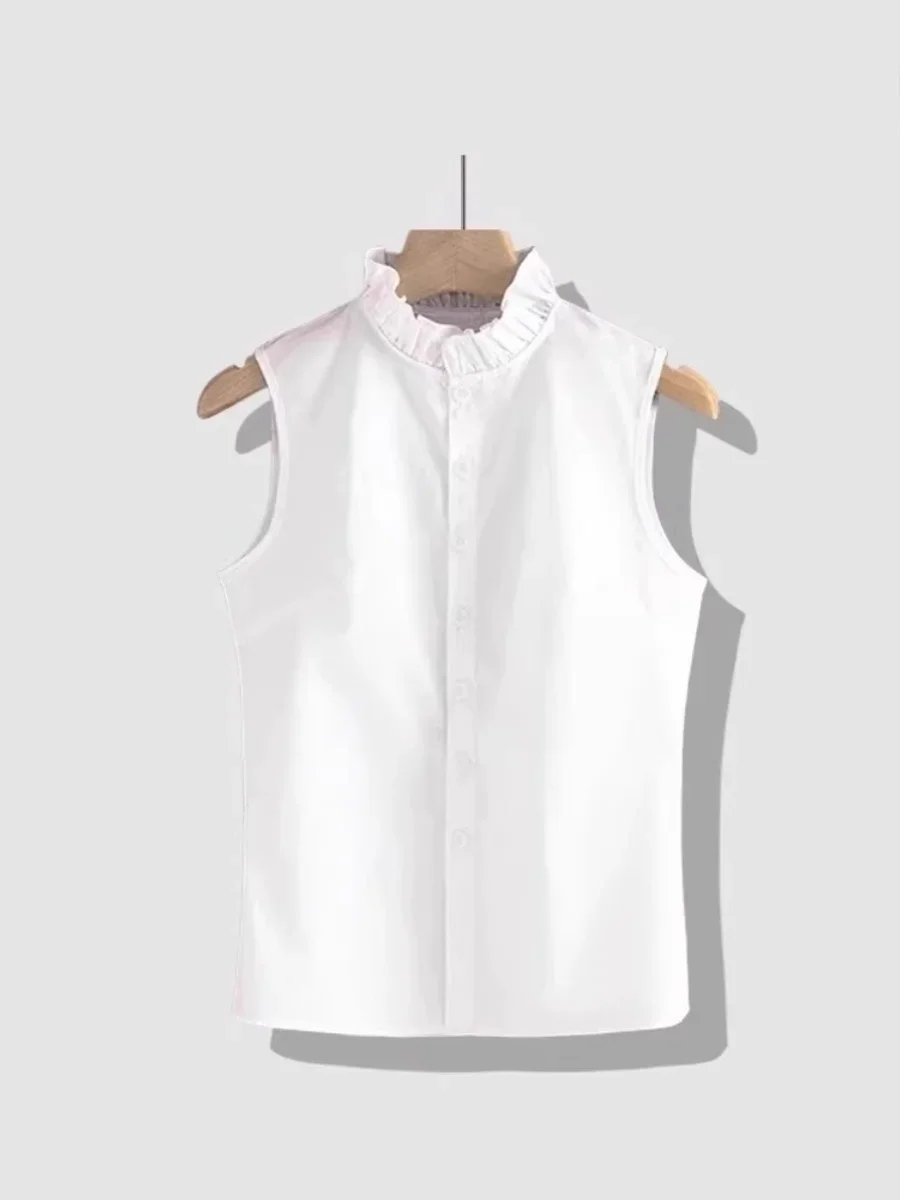 White Cotton Blouse Blouse Sleeveless Blouse Base Shirt with Lotus Collar Folded with False Collar Shirt Lace