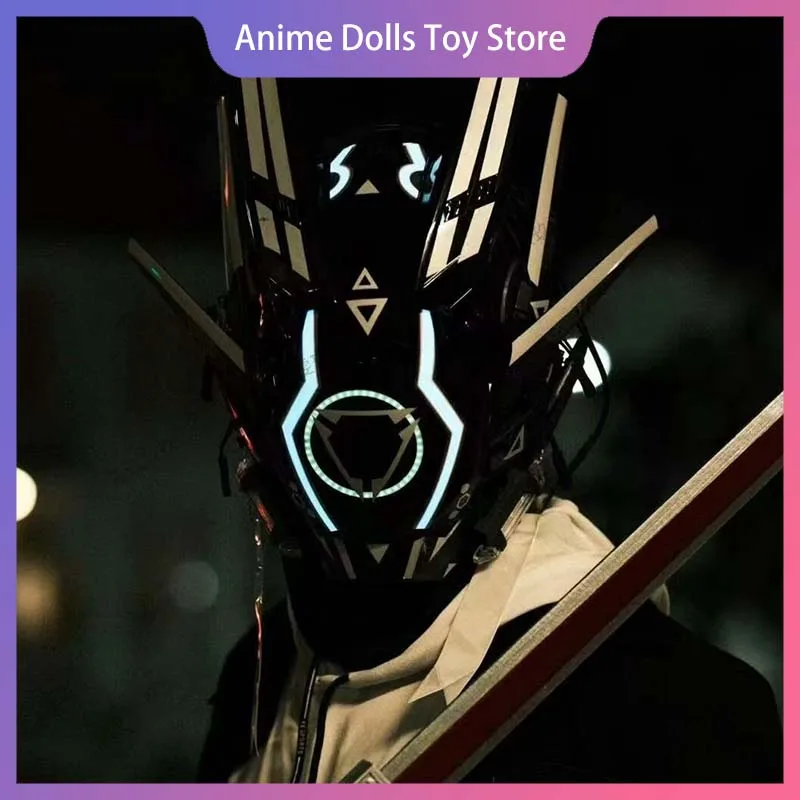 

Cyber Punk Mask Mech Soldier Cos Mask With Led Light Trendy Cosplay Soldier Helmet Halloween Party Carnival Props X-Mas Gift