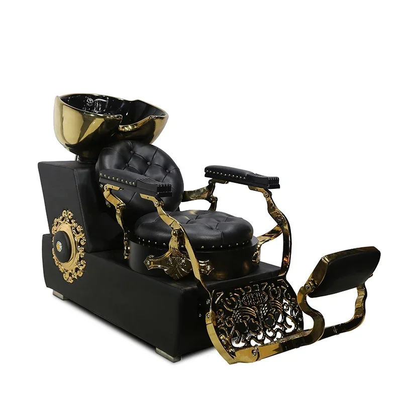 2026 Antique Style Barber Shop Black Gold Wash Chair Reclining Leather Metal Salon Beauty Retro Shampoo Chair
