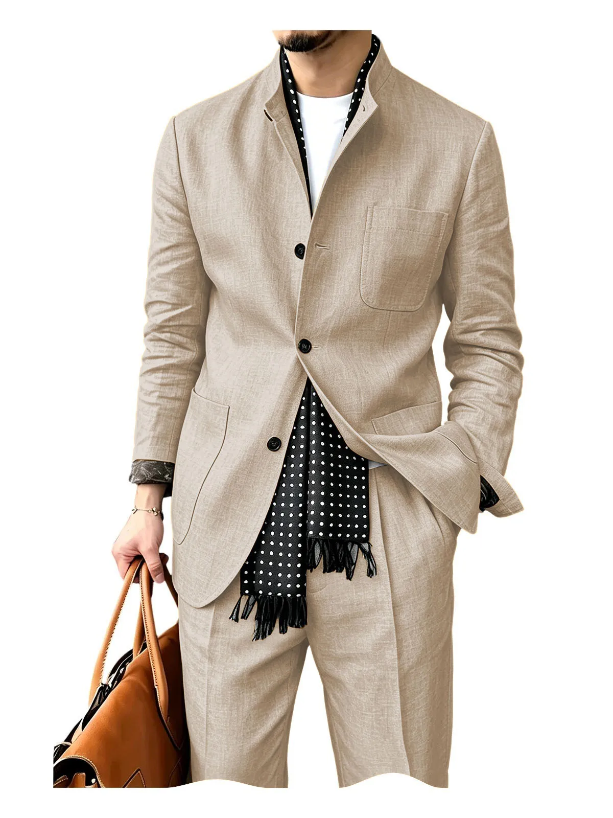 

Linen 2 Piece Beige Men Suits Stand Lapel Casual Jacket Pants Slim Fit Groom Tuxedos Sets Summer Wedding Party Costume Homme