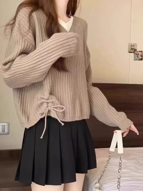 

plus Size Women's Knitted Sweater V-Ne Long Sve Fake Two-Piece Soft Polyester Fiber Commute Sle Autumn Winter Slimming