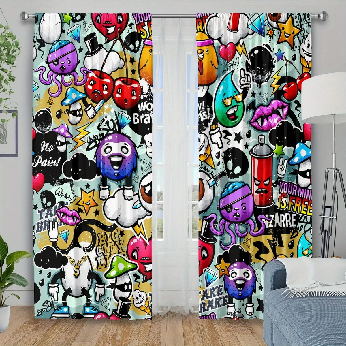 Colorful Graffiti Cartoon Blackout Curtains - Urban Street Art Astronaut Alien Pattern Window Drapes for Kids Bedroom Game Room