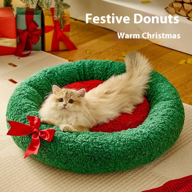 

Christmas Warm Cat Bed Deep Sleep Semi-Closed Winter Dog House Washable Plush Pet Nest Holiday Gift for Cats Dogs