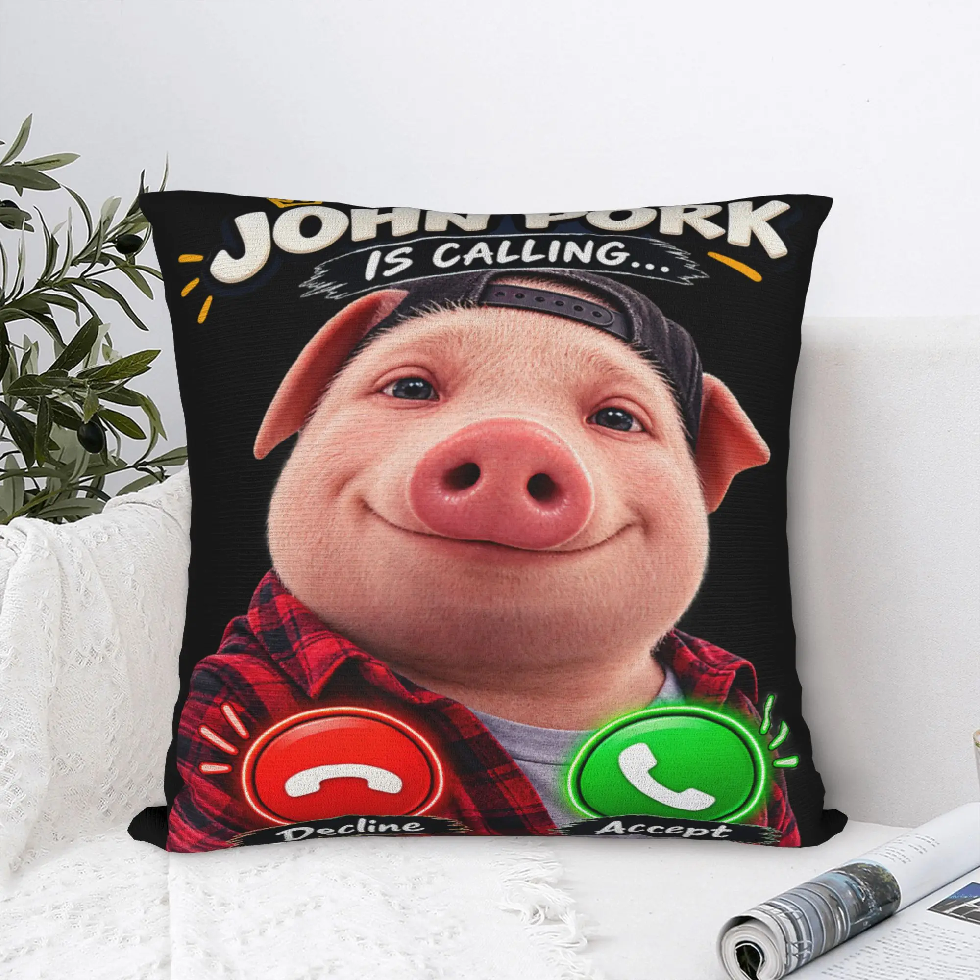 John Pork Answer Call Phone Brainrot Saying Joke Meme Pillow Case Design Pillow Cover Cushion Cover For Living Room Bed Chair