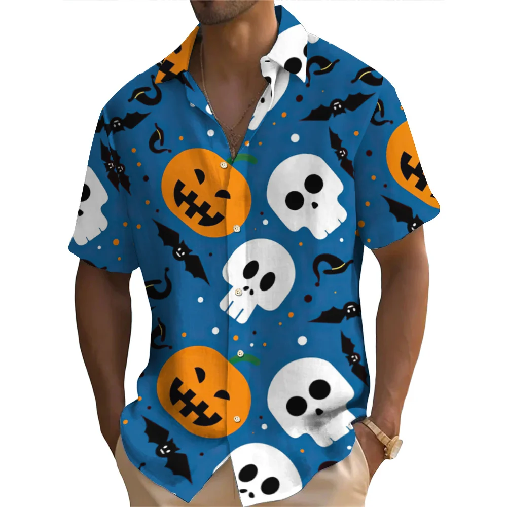 Halloween Shirt  Men's Shirt Pumpkin Skull Print Short Sleeved Shirt Casual  Holiday Party Shirt Top Oversized Men's Clothing