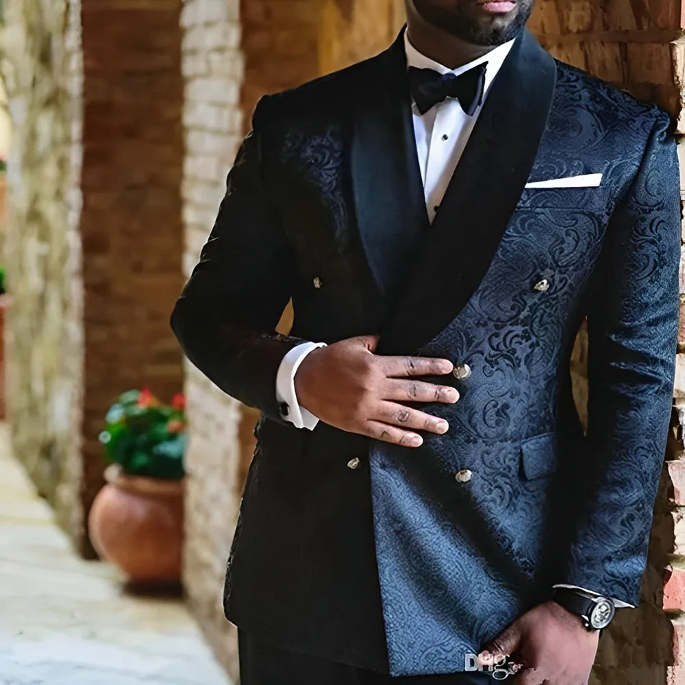 Trajes de boda con bordado rojo para hombre, doble botonadura, esmoquin entallado personalizado para novio, chal con solapa, chaqueta de dos piezas, pantalones, chaqueta para hombre