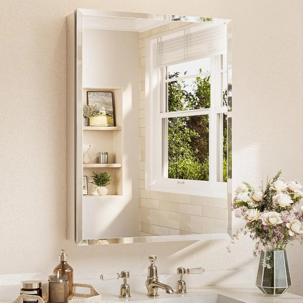 24 x 32 Bathroom Mirror Cabinet with Tempered Beveled Mirror Silver Medicine Cabinet Aluminum Cabinet DTC Hinges, Stepless Adjus