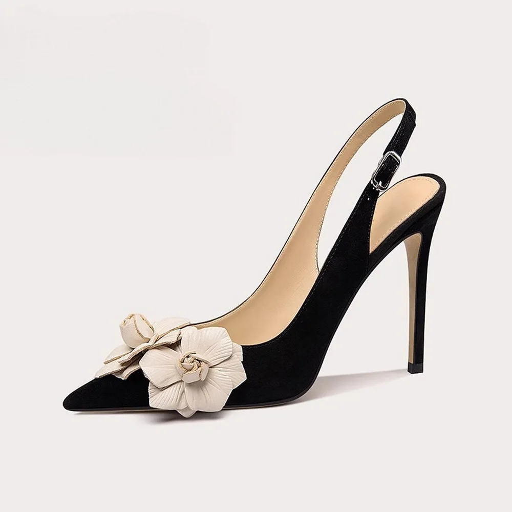 12CM/4.7inch High Heels Sandals,Women Pumps,Sexy Big Flower Shoes,Flock Slingbacks,Pointed Toe,Ankle Buckle Strap,Black,Dropship