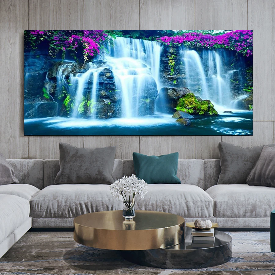 

Набор для алмазной вышивки «Водопад» с природными пейзажами, полный комплект с квадратными и круглыми стразами, мозаика, вышивка, фиолетовый цветок, большой размер, декор для стен