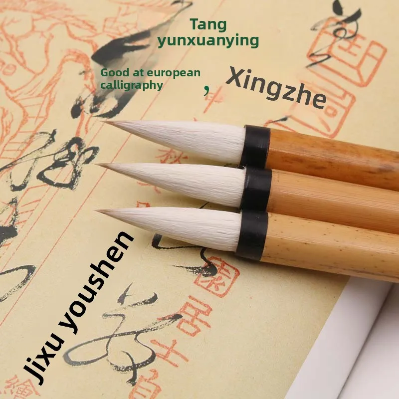 Chinese Calligraphy Brush Set with Wolf and Sheep Mixed Hair Medium Regular Script Brushes and Bamboo Handles for Beginners