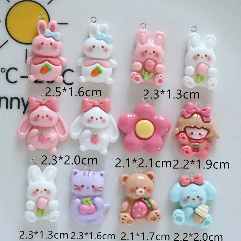 10Pcs Glossy Rabbit Cat Bear Resin Flower Charms Cute Flatback Animals Earrings Keychain Pendant for DIY Crafts Jewelry Making