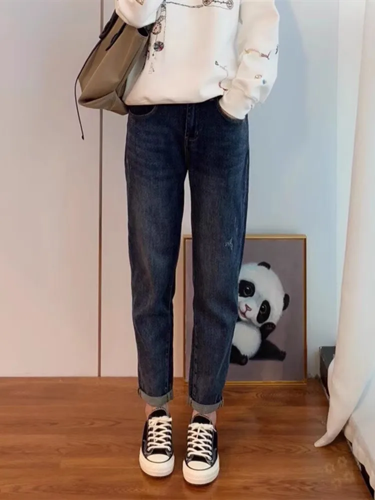 

Fall Winter plus Size Denim Jeans Women's High Waist Loose Fit Dad Style Carrot Pants Fleece Lined Pear Shape Body Type