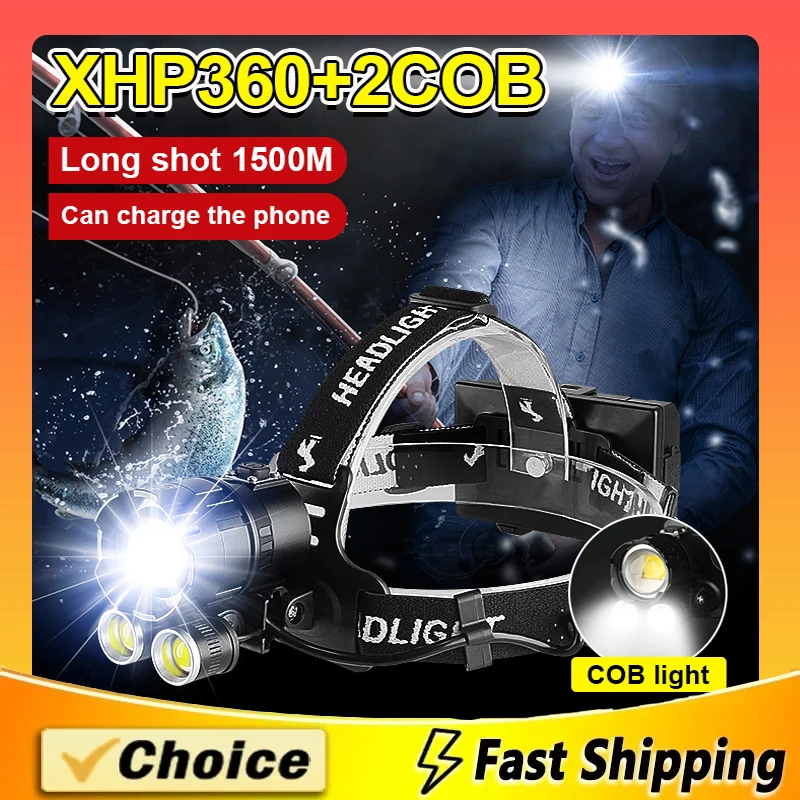 Linterna frontal Led XHP360 2COB mejorada, linterna frontal de alta potencia, potente linterna de pesca ultrabrillante 18650