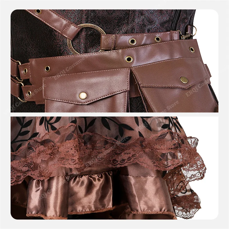 Gaun Korset Steampunk untuk Wanita Gaun Korset Kulit Faux Coklat Gaun Cosplay Ukuran Plus Kostum Bajak Laut dengan Lingerie Korset