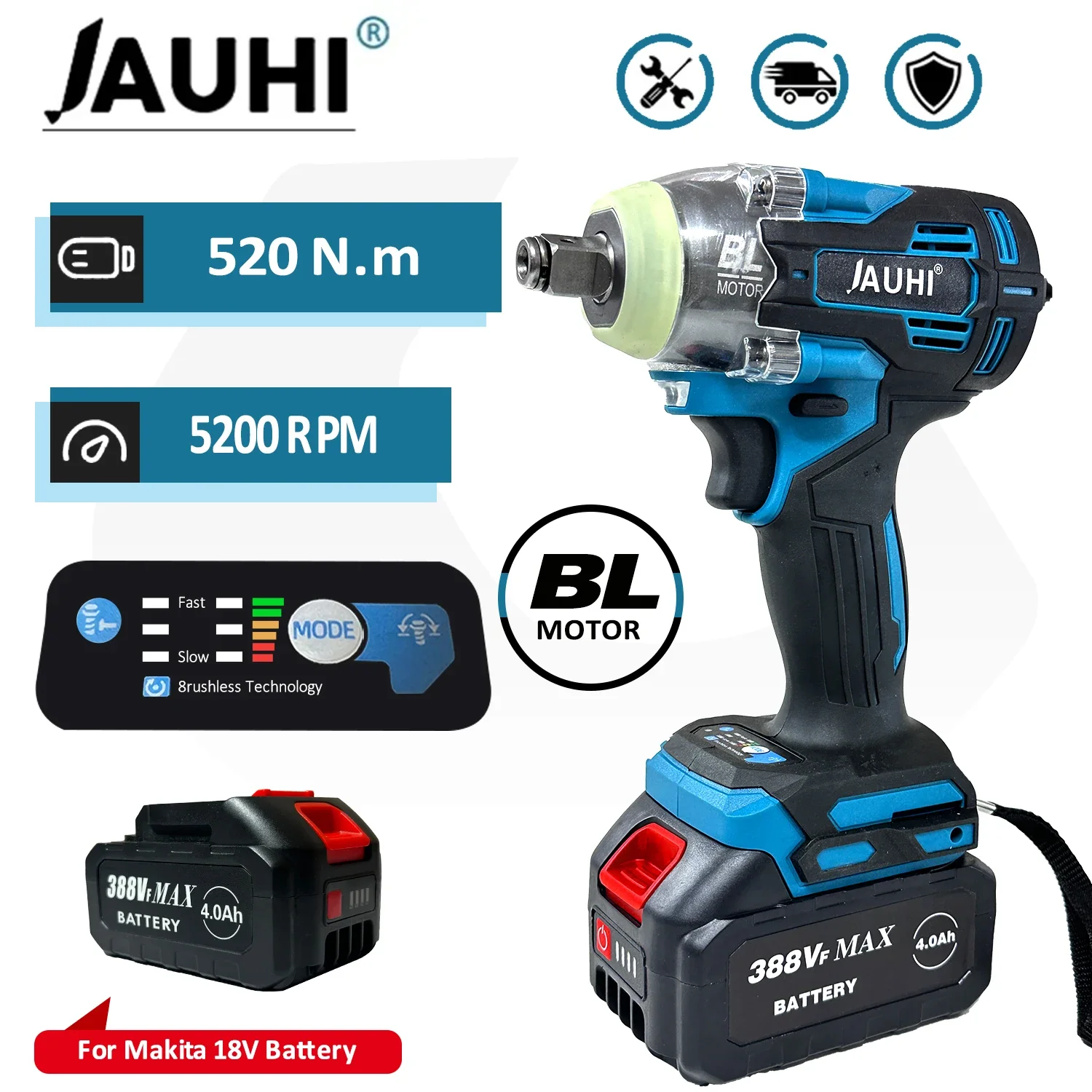 

520N.M Brushless Cordless Electric Impact Wrench 1/2 Inch Lithium Ion Battery 18v Compatible Makita For Car Repair Truck Repair