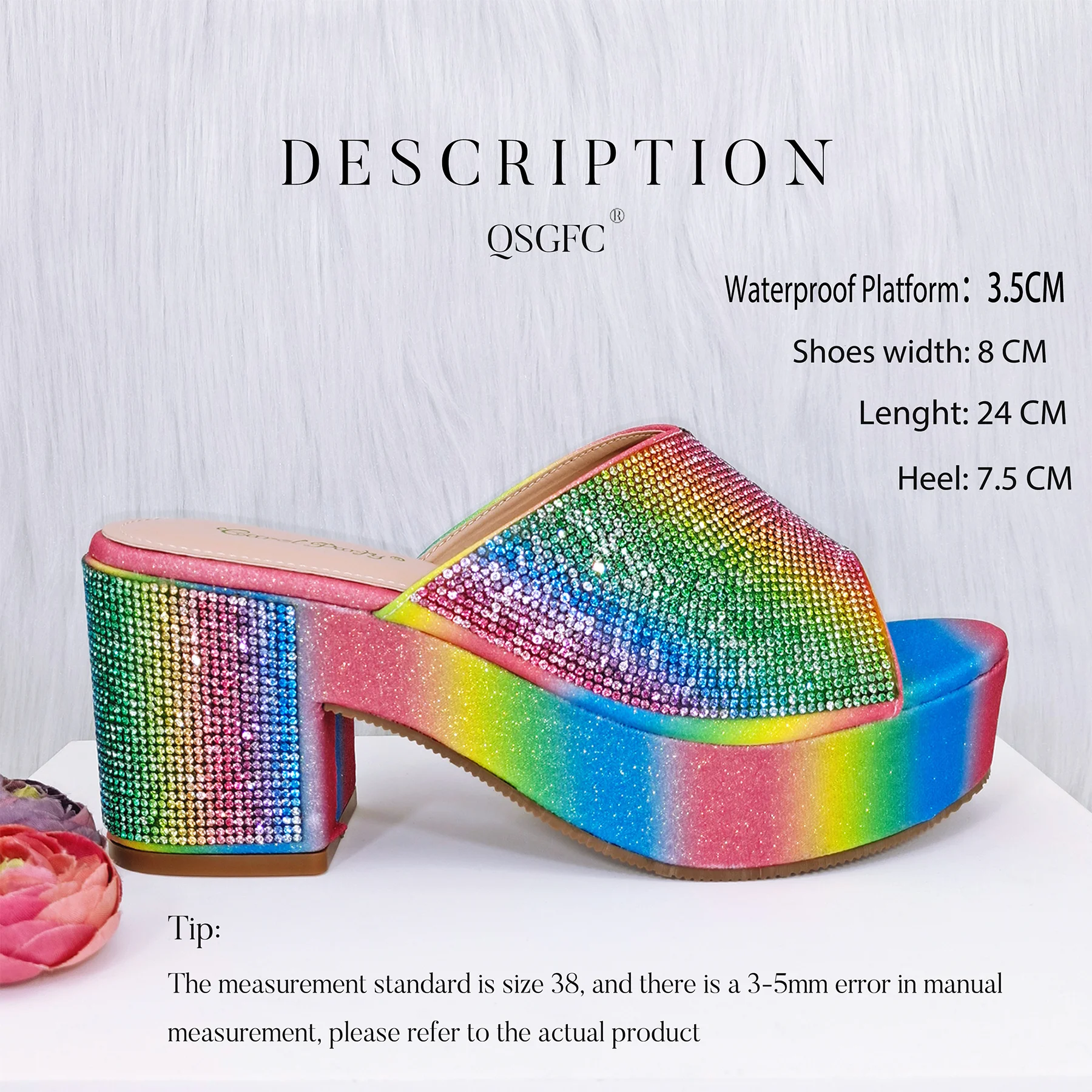 QSGFC Italian Design Rainbow Colored Rhinestone Striped High Heels, Nigerian Paired With Open Sandals, Shoes Bag Set For Women