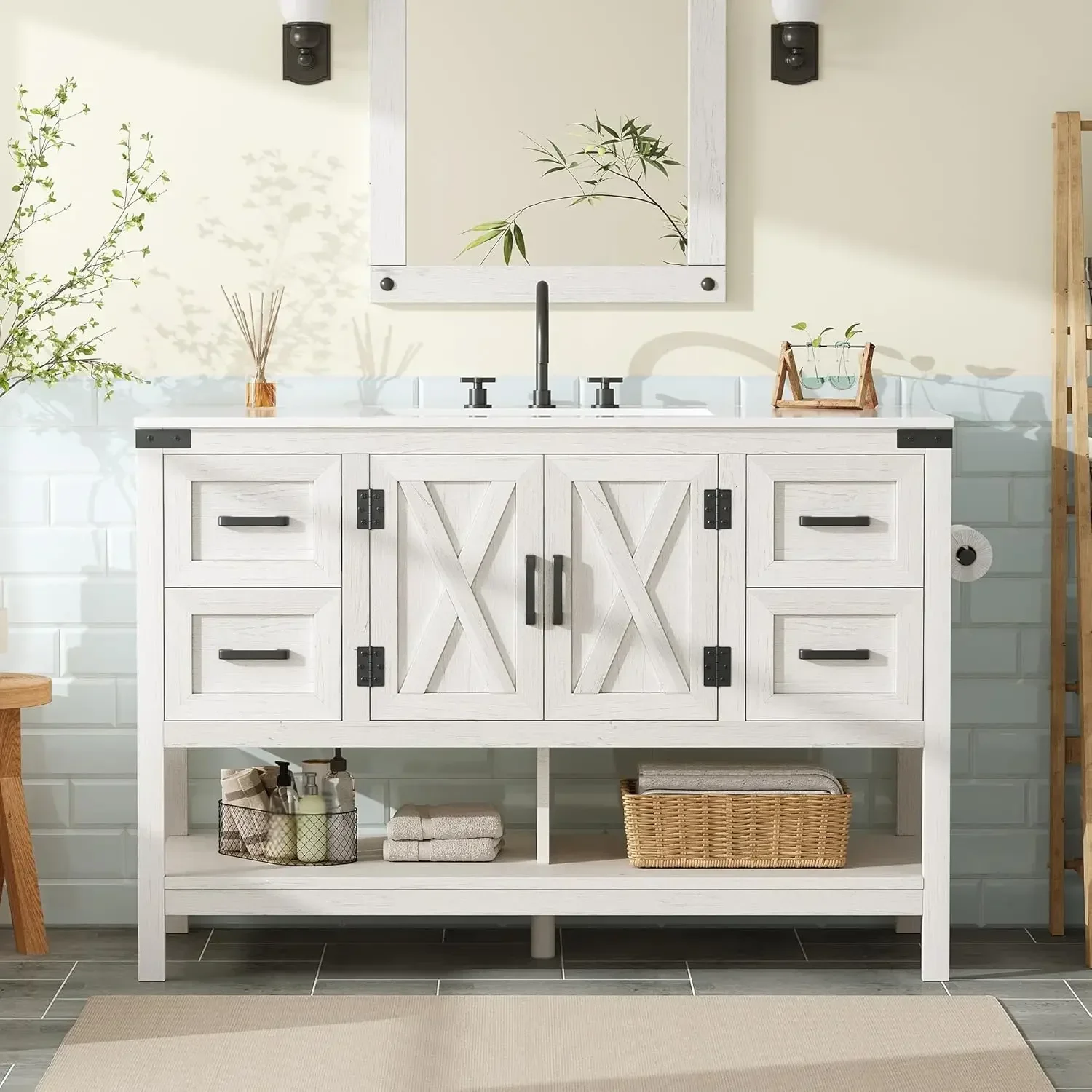 

Farmhouse Bathroom Vanity with Sink, Freestanding Cabinet with 4 Drawers, Double Barn Doors & Open Shelf, Rustic S