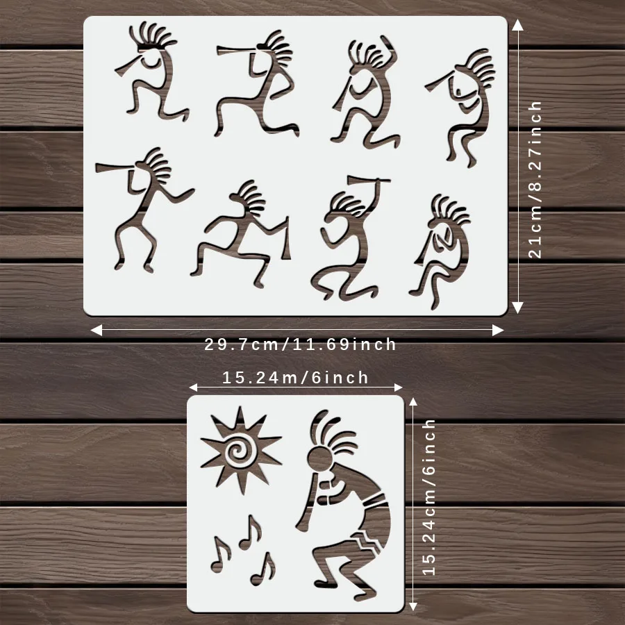 그림용 A4 및 6인치 Kokopelli 스텐실 1세트 - 벽 목재 셔츠 가방 DIY 장식용 부족 스타일 템플릿