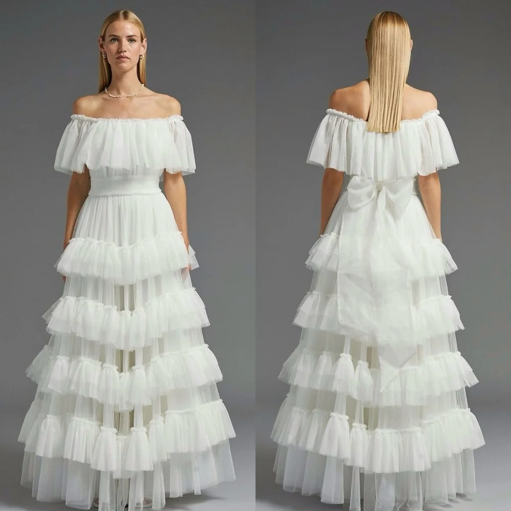 

Customized Simple Tulle Tiered Bow Draped Ruched A-line Boat Neck Long Dresses Bespoke Occasion Dresses Fashion Elegant Classic