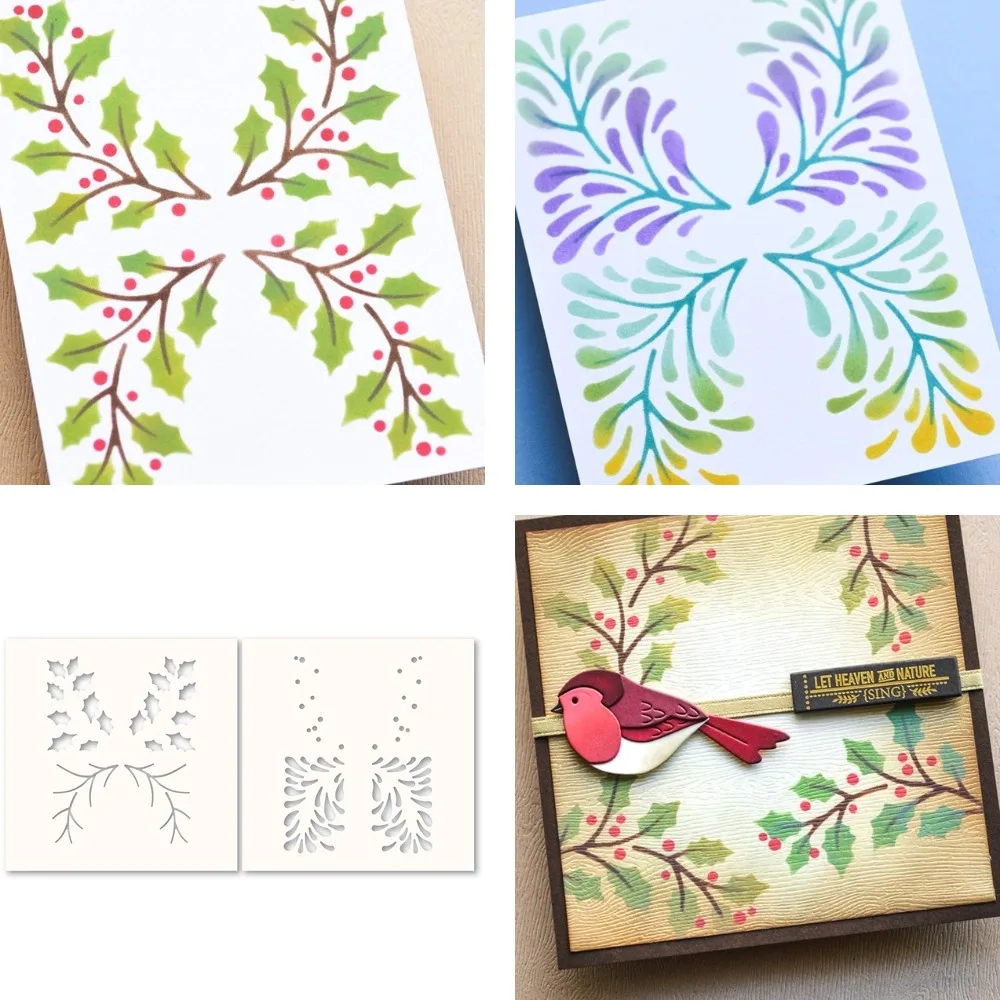 Stencil Set,Holly and Branches Stencils Pattern Graffiti Drawing Tool Spray Painting Template DIY Window Scrapbooking Decor