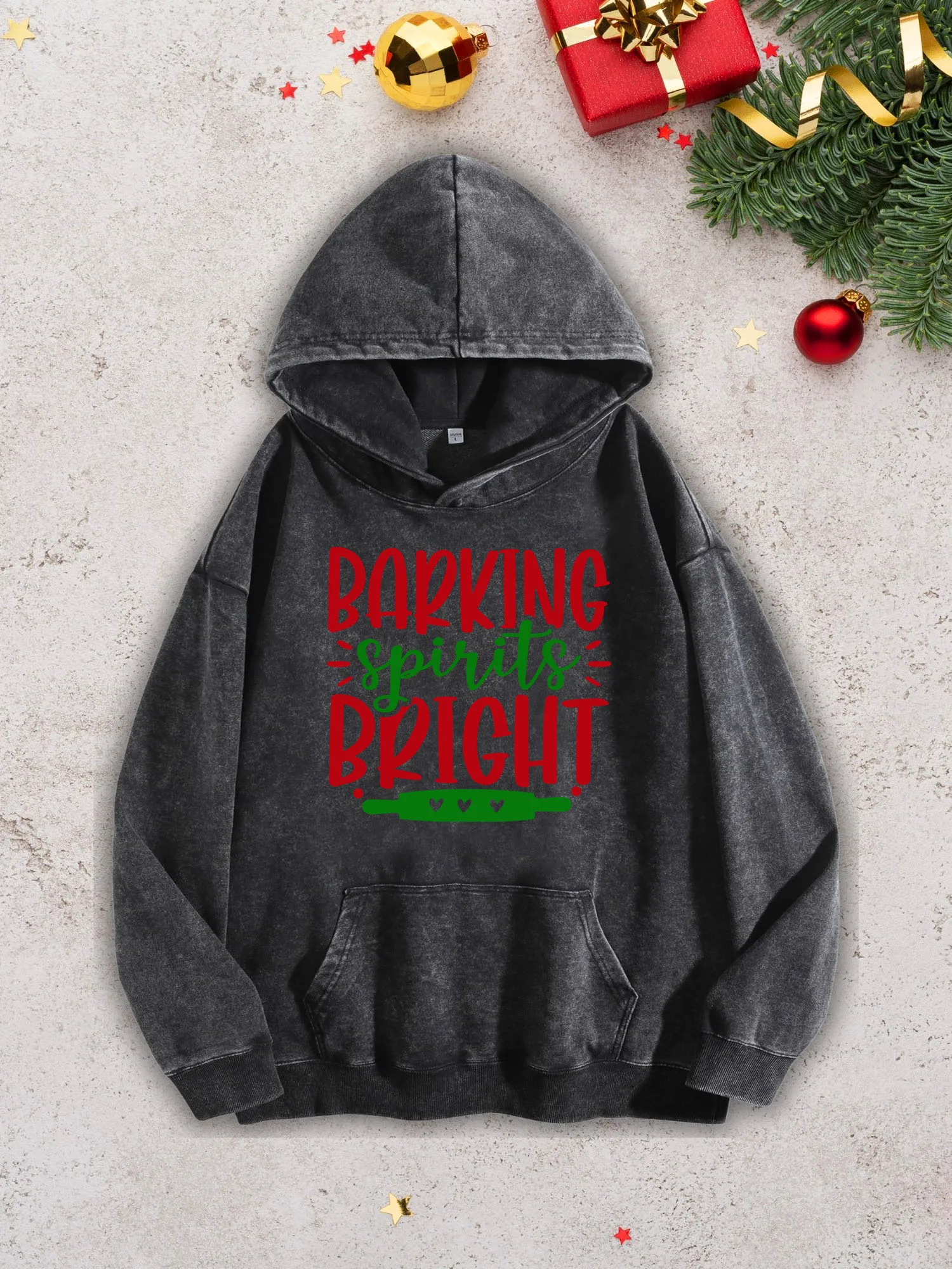Barking Spirits Bright Men's Heavyweight Hoodie - Acid Wash Retro Black Pullover, Fall & Winter Sweatshirt 400Gsm