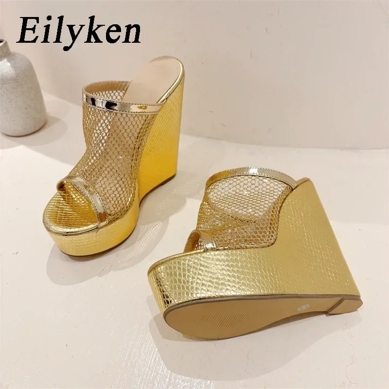 Eilyken-cunhas plataforma para mulheres, sapatos de dedo aberto com tecido de malha, saltos altos, estilo street, ouro e prata, moda