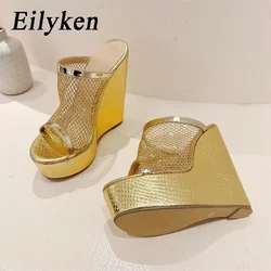 Eilyken Streetstyle Goud Zilver Mode Open Teen Platform Wiggen Vrouwen Slippers Design Mesh Stof Banket Hoge Hakken Schoenen