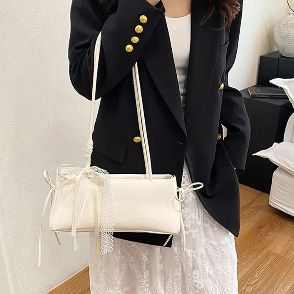 Trendy Multicolor Shoulder Bag Bowknot PU Leather Versatile Commuting Bag Large Capacity with Lace Ribbon Underarm Bag Work