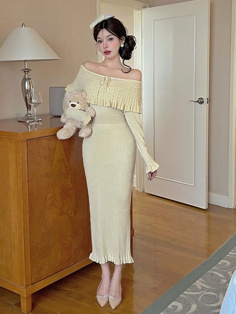 Vrouwen gebreide off-shoulder ruche lange mouw bodycon maxi lange jurk zoete elegante partij casual gewaad vestidos dame straatkleding