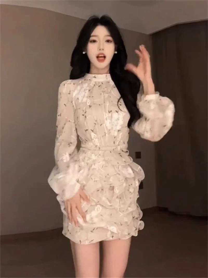 新作高級ファッションミニドレス レディース 花柄プリント ロングスリーブ スリムウエスト シャーリングシフォンドレス フリル付きワンピース 秋物