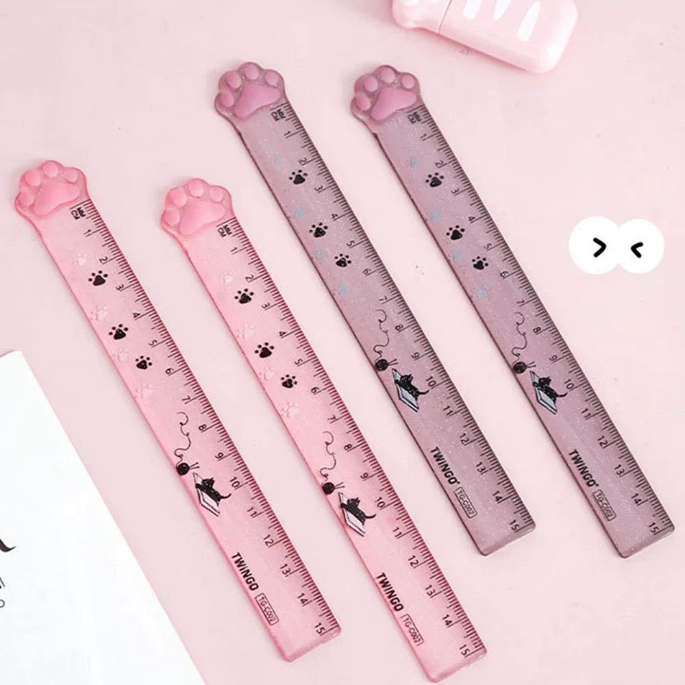 New 15cm Cute Paw Ruler Kitties Acrylic Plastic Straight Measuring Rule Bookmark Geometry Tools Office School Student Stationery