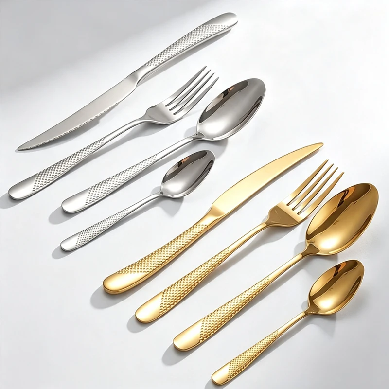 32Pcs Star Diamond Pattern Cutlery Set,Stainless Steel Silver Gold Flatware Set,Knife Fork Spoon Tableware for Home Dinner