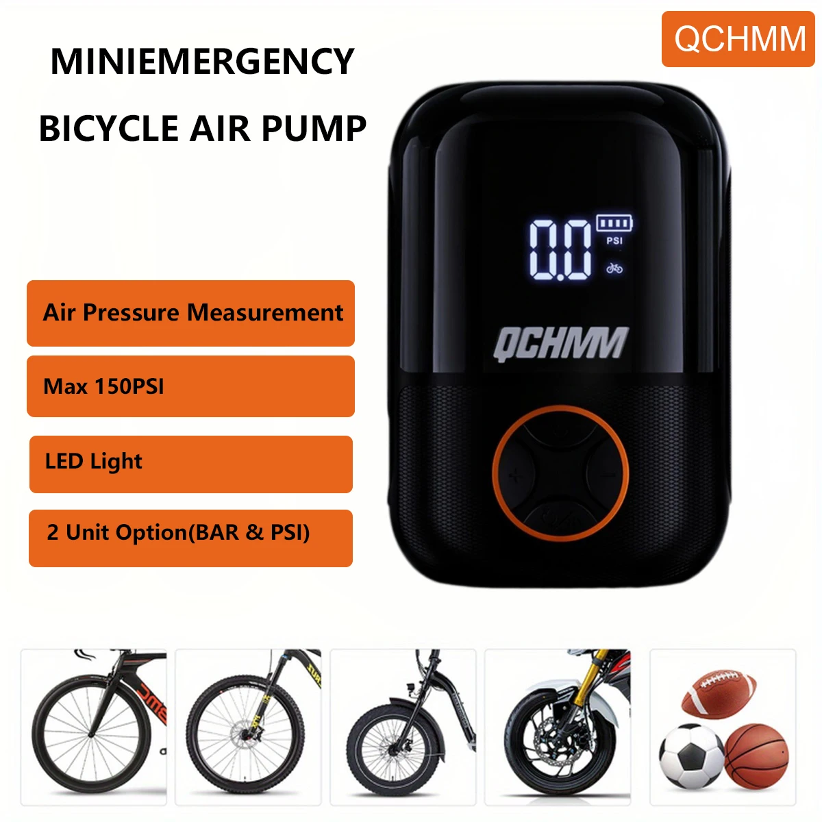 

Portable Electric Bicycle Floor Pump 0-120 PSI 3 preset modes Auto inflation LED display USB-C charging