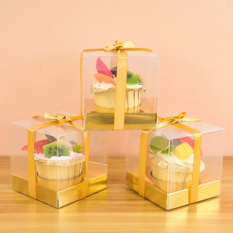 

5pcs Golden Transparent Party Gifts Boxes Gold Ribbon Wedding Cake Dessert Display Box Birthday Party Gift Packaging Baby Shower