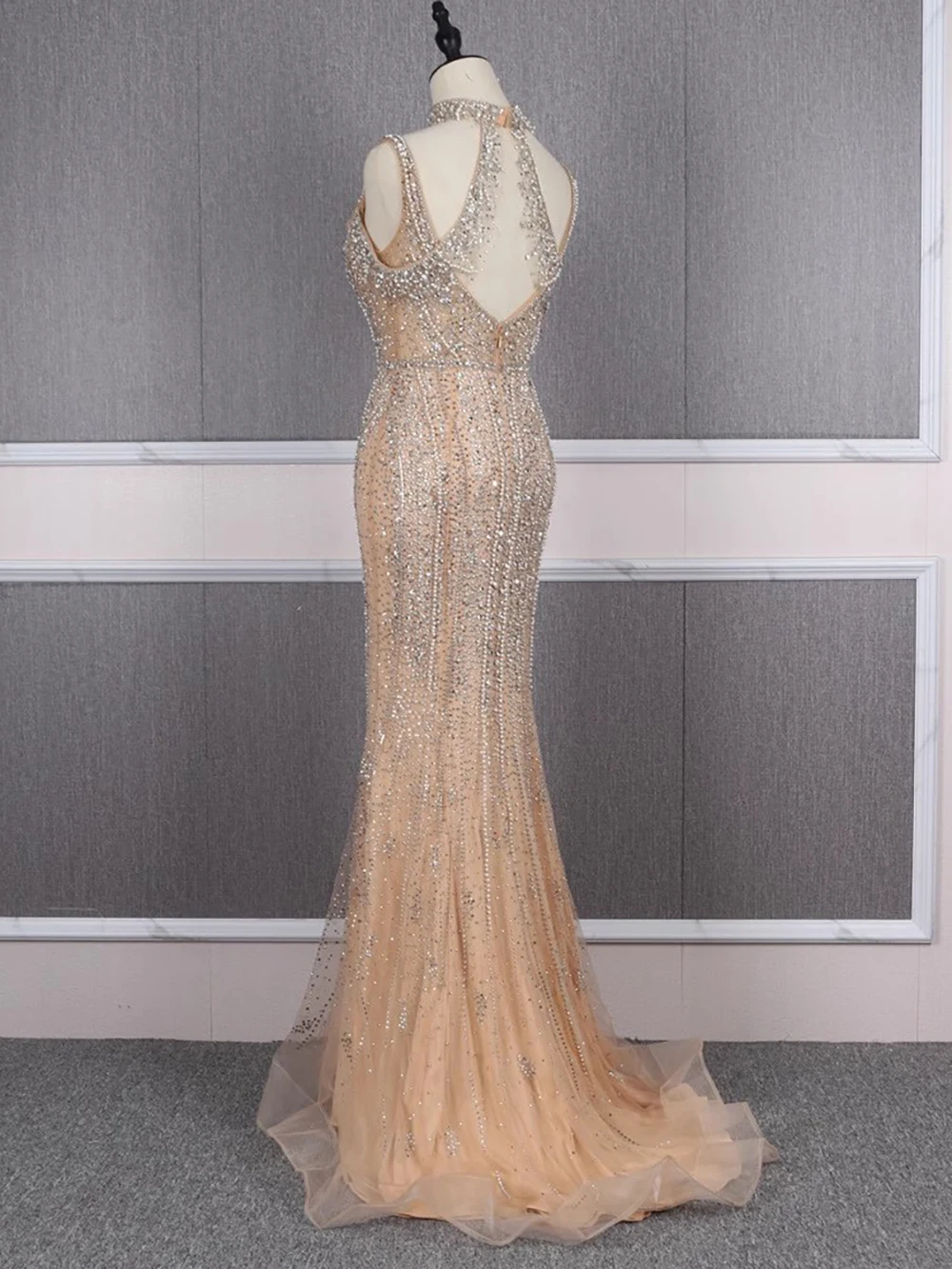 Hot Sale Dubai Champagne Pearls Diamond Formal Gowns Design Sleeveless Evening Dresses 2024 LA70055