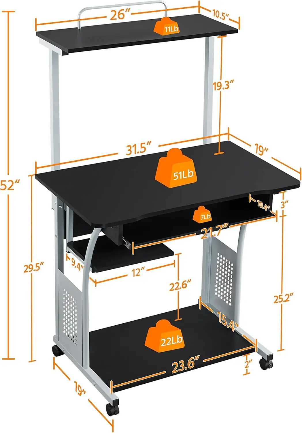 Mesa de computador de 3 camadas com prateleira de impressora e bandeja de teclado, mesa de escritório em casa, estação de trabalho de computador, computador de estudo rolante