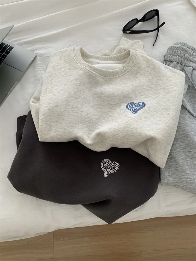 Embroidered Love Heart Sweatshirt Round Neck Hoodie Loose Casual Pullover Top 2024 Autumn