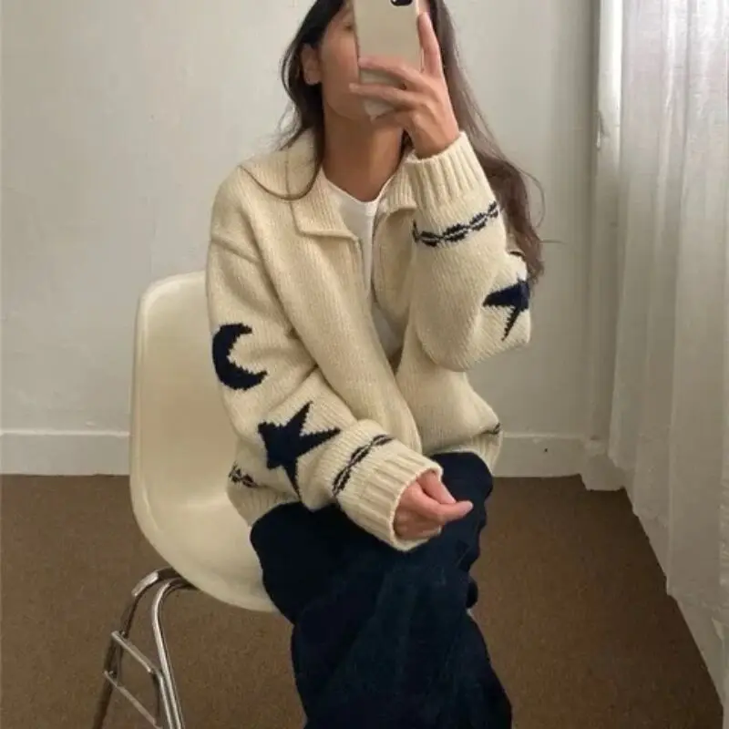 Casual Woolen Coat Women, Sweater Jacket, Soft, Little Fresh, Moon Stars Contrasting Colors Cardigan Artistic Coat Autumn Winter