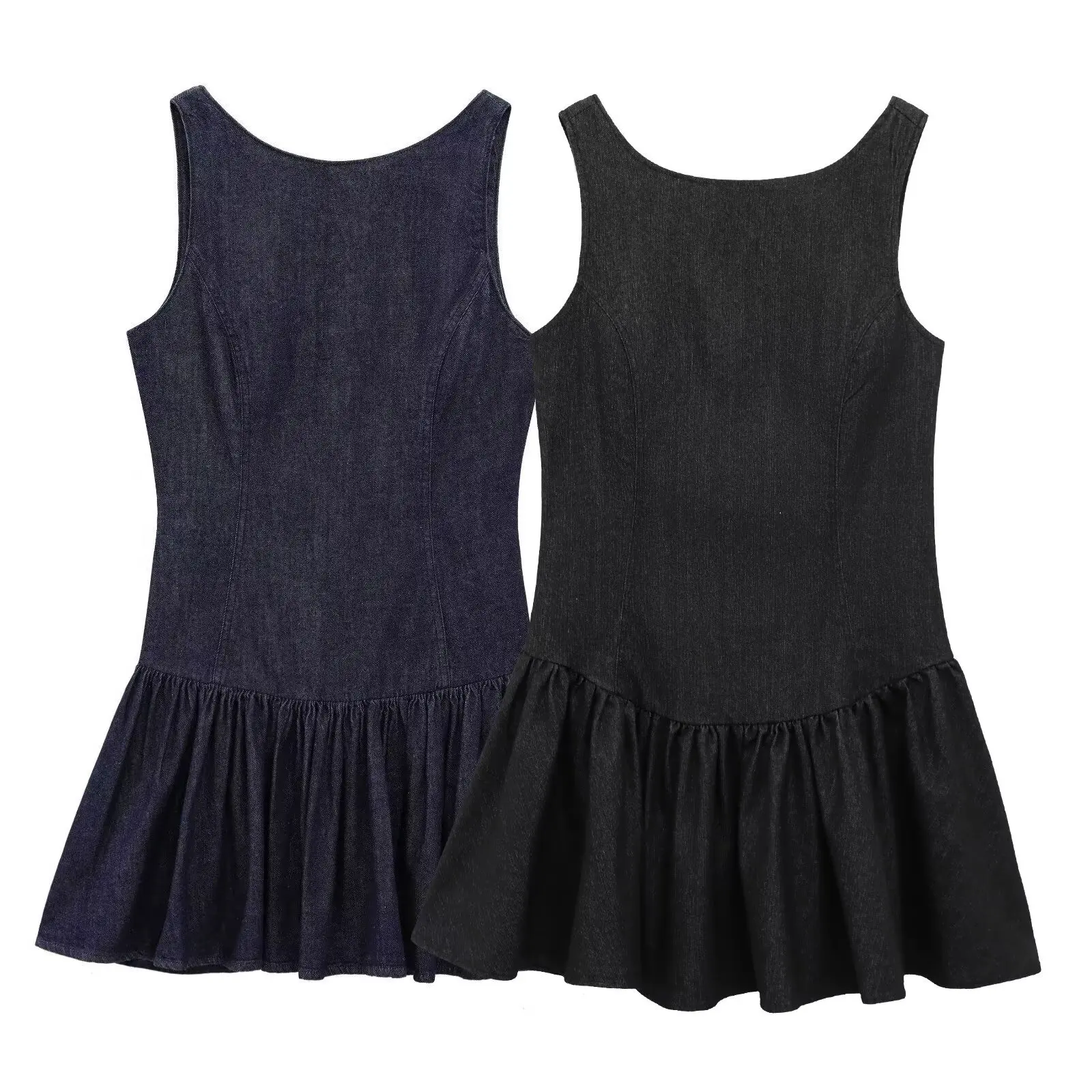 

Новое модное сексуальное платье без рукавов с круглым вырезом и открытой спиной на молнии, однотонное облегающее джинсовое платье выше колена для женщин, 2 цвета