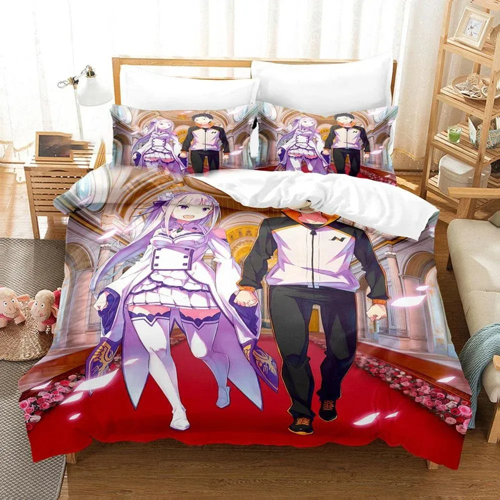 3D Printed Anime Re Zero Rem Ram Emilia Bedding Set Boys Girls Twin Queen Size Duvet Cover Pillowcase Bed Kids Adult Home