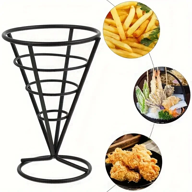 1pc Black Iron Cone-Shaped French Fry Holder, Spiral Wire Stand For Fish & Chips, Snacks, Fried Food Basket, Chip Food Spiral H