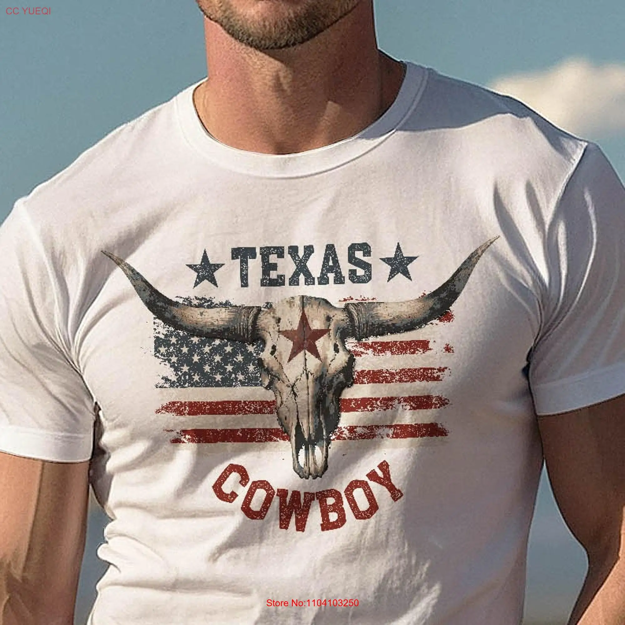 Texas Cowboy Longhorn T Shirt Bull Skull US Flag Wild West Vintage Retro Western Country for Men 497 apt2