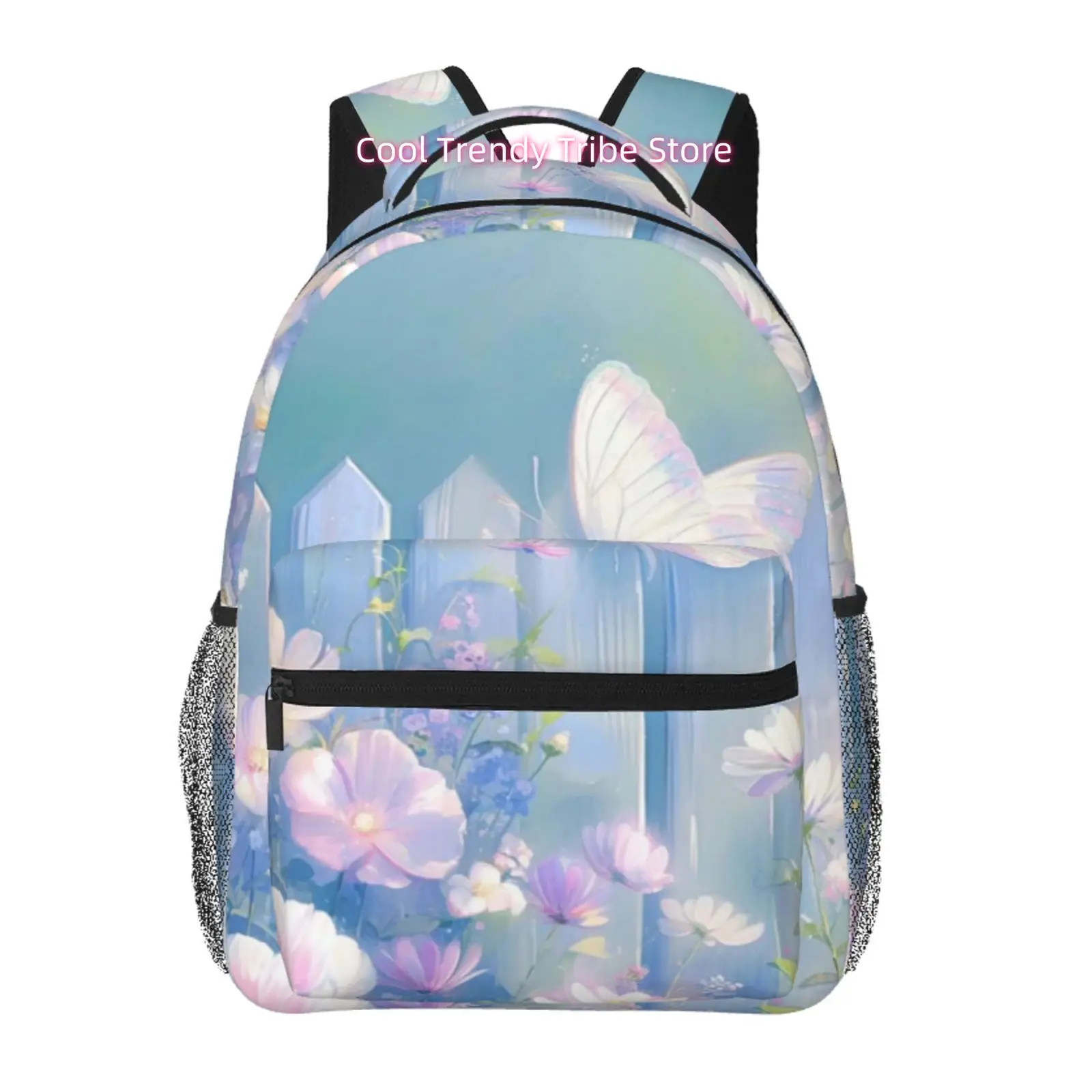 Pastel Garden Butterfly Print Backpack, Oxford Cloth Adjustable Strap Casual Daypack for Commute, Work