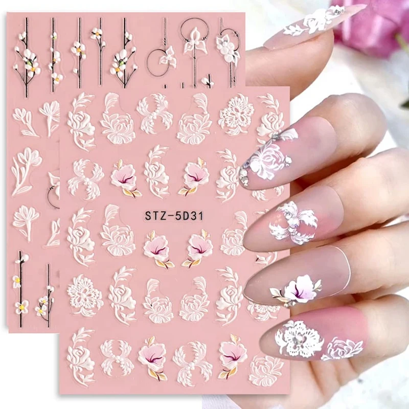 5D Embossed Flower Nail Art Adesivos, decalques auto-adesivos, design floral, decoração durável para mulheres e meninas, 4 folhas