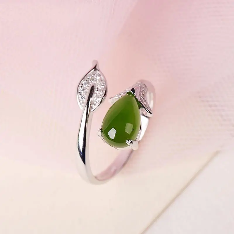 Original new natural Hetian jade leaf drop opening adjustable ring elegant charm creative retro female silver jewelry