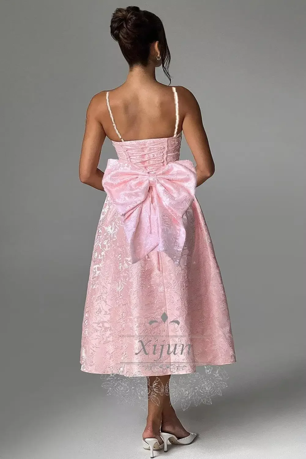 المرأة طول الشاي القوس مفتوح الظهر Bodycon فستان حفلة رسمية ألف خط مساء فستان التخرج الجاكار الساتان فساتين لحضور الحفلات الموسيقية