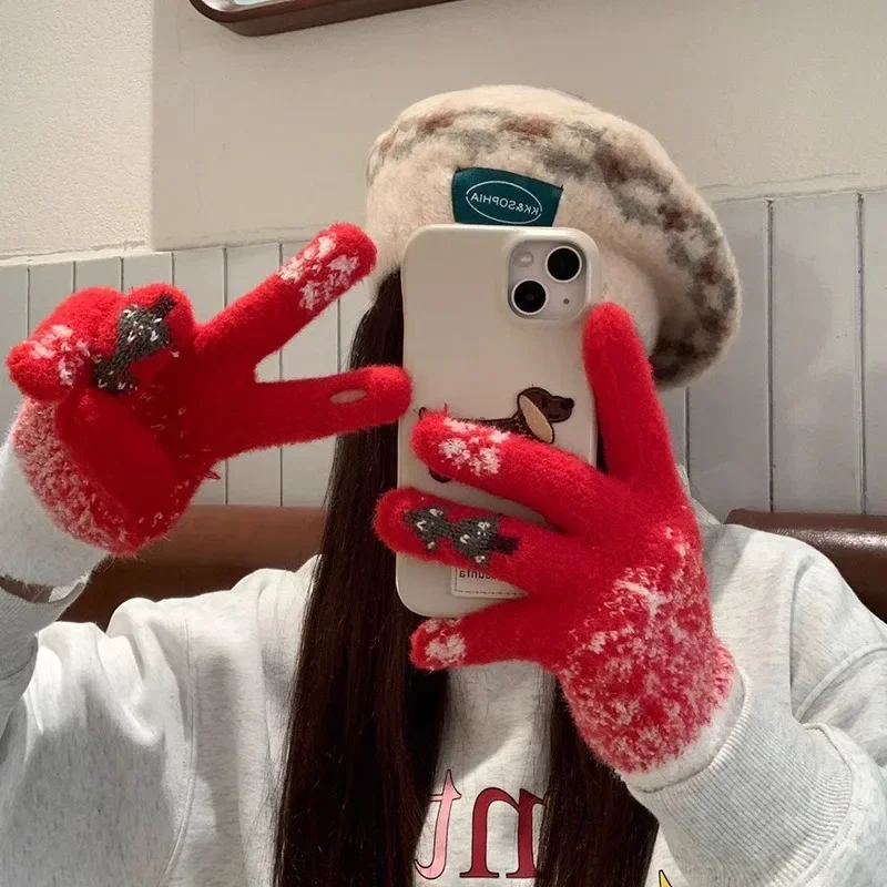Fingerless Knit Winter Gloves Women Thick Warm Cute Touchscreen Cold Proof Student Christmas Tree Gloves for Winter