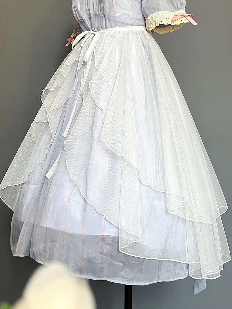 Dophee Original Lace-up Double Layered Waves Overskirt Irregular Ruffles High Waist Fairy Skirt Solid Jsk Lolita Mesh Skirt