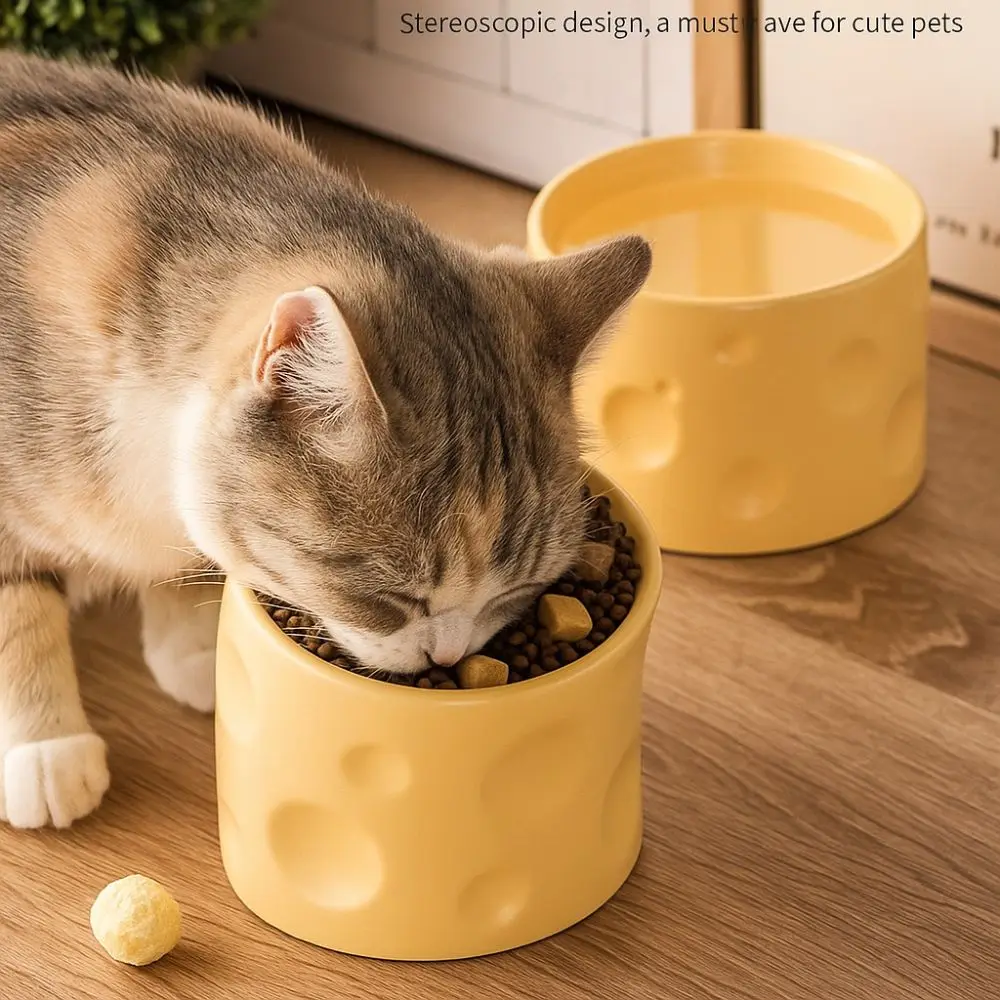

Cheese-Shaped Ceramic Pet Bowl Neck Protection Anti Vomiting Tilted Food Dish Non-Slip Elevated Cat Bowl For Dogs and Cats